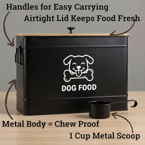 Metal Dog Food Container 15-20 lbs w/ Airtight Bamboo Lid, 70 Cup Capacity - color: Black