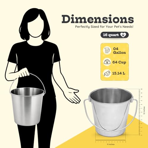 16 quart Heavy Duty Stainless Steel Round Bucket with Handle | 4 gal Sturdy Food & Water Bowl for XL Dog Goat sheep Horse & Livestock | Fits kennel Crate Cages Farm | Hanging Utility Pail - size: 16 Quarts