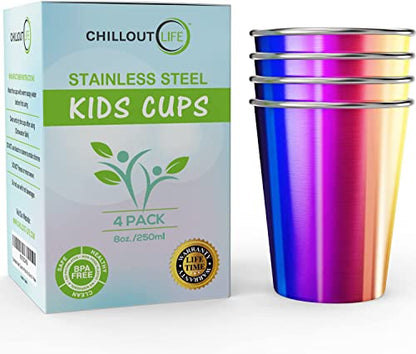 Stainless Steel Kids Cups 8 oz - Stainless Steel Small Children Cups for Home & Outdoor Activities, BPA Free Unbreakable Premium Stackable Metal Drinking Glasses (4-Pack) - Rainbow Colorful Finish - color: UV Rainbow, style: 8 oz