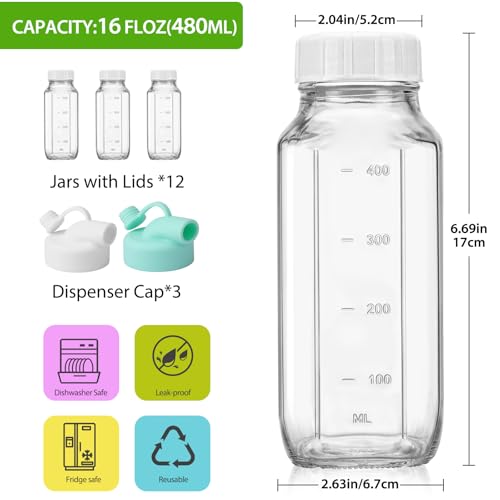 CUCUMI 12 Pack 16 Oz Glass Milk Bottles with Lids - color: 12 Pack with Pour Spouts, size: 16oz