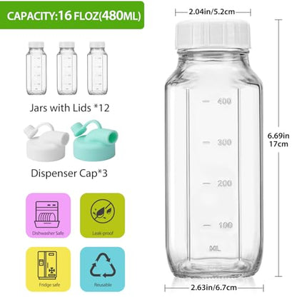 CUCUMI 12 Pack 16 Oz Glass Milk Bottles with Lids - color: 12 Pack with Pour Spouts, size: 16oz
