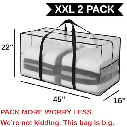 68.5 GAL 2 Pack XXL Jumbo Extra Large Heavy Duty Stronger Handles Storage Bags Moving Totes Zippered Reusable Wrap Around Handle Storage Totes (Translucent/Semi-Transparent)