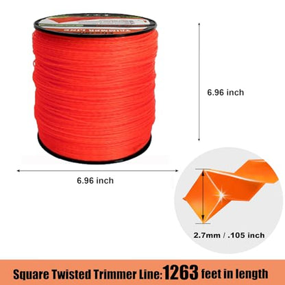 Weed Eater String, Orange Square Twisted Trimmer Line, 0.105-Inch Diameter Premium Commercial Weed Wacker String Spool Replacement (1263-Feet, 5lbs) - size: 1263FT x .105 in