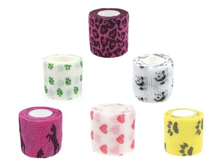 6 Rolls Vet Wrap Tape Bulk 1 Inch, Self Adhesive Bandage Wrap | Waterproof Grip Tape for Horses Dogs Cats Pets,who was injure/Have Wounds(Love, Horse, Leopard Print, cat Cartoon pattern)