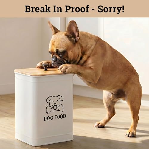 Metal Dog Food Container 5-7lb, 25 Cup w/ Airtight Bamboo Lid, Metal Handle - color: White: Dog Face