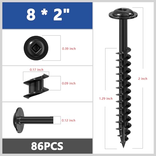 Wensilon (Black) Pocket Hole Screws # 8 * 2" 86pcs 1lbs Square Hole Wood Screws and Round Head Square Hole self Tapping Screws are Suitable for Wooden use.150MM,60MM Drive bit Included. - color: Black, size: 8*2"