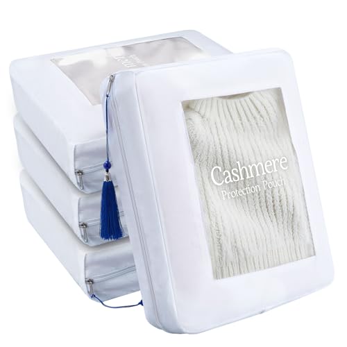 4 Pack Cashmere Protection Pouch, Cotton Sweater Storage Bags with Zippers Tassel and Organza Panel, Moth Proof Breathable Dustproof Clothing Organizer for Wool, Cashmere Lovers Gift（Large） - size: Large