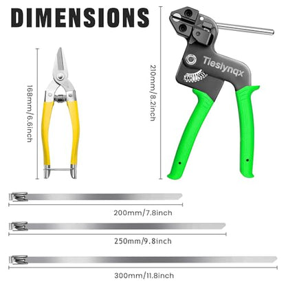 Heavy Duty 304 Stainless Steel Cable Tie Gun Kit-150PCS Metal Zip Ties (3 Sizes), Tensioning/Cutting Tool for Fencing, Chicken Coop, Cable Bundling, Exhaust Repair & Structural Reinforcement