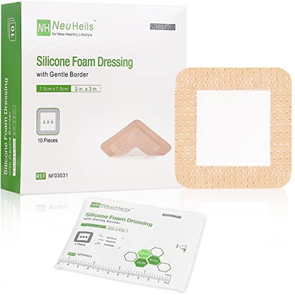 NeuHeils Silicone Foam Dressing with Border 3"x3", 10 Pack for Bed Sores - size: 3''x3'' (Pack of 10)