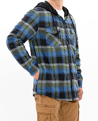 ZENTHACE Men's Sherpa Lined Full Zip Hooded Plaid Shirt Jacket - color: Blue Plaid, size: Medium