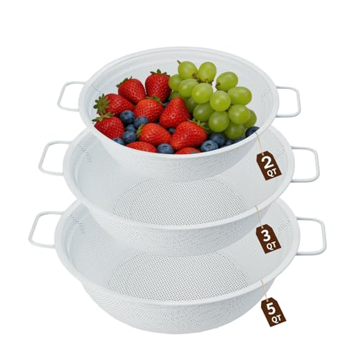 White Stainless Steel Colander Set of 3, 2, 3 & 5 Quart Metal Kitchen Strainers with Handles and Non-Slip Feet, Pasta Drainer for Rinsing Rice, Fruits and Vegetables, Dishwasher Safe - color: White