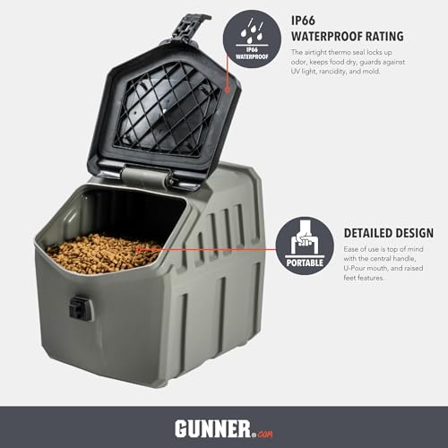 GUNNER 30 lbs Gunmetal Dog Food Storage Container with Measuring Scoop – Waterproof & Airtight Pet Food Bin for Dry Feed, Corn, Chicken Feed, Bird Seed & Treats – 3 Cup Ergonomic Scooper