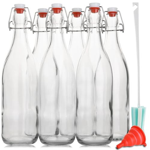 Flip Top Glass Bottle [1 Liter / 33 fl. oz.] [Pack of 6] – Swing Brewing with Stopper for Beverages, Oil, Vinegar, Kombucha, Beer, Water, Soda, Kefir Airtight Lid & Leak Proof Cap Clear - size: 33