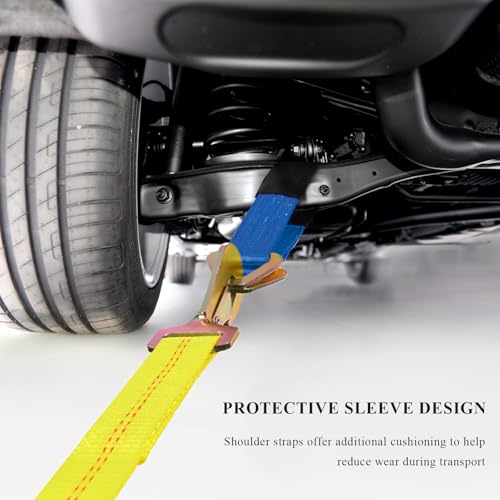 2" × 29" Premium Axle Tie Down Strap with D Rings, Heavy Duty Car Tire Wheel Tie-Down with Protective Sleeve, 6614 Lbs Adjustable Axle Tow Strap for Securing Vehicle Transport (Blue) - color: Blue
