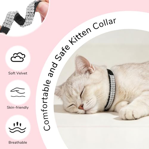 BINGPET Diamond Cat Collar with Bell,Adjustable Kitten Collar, Black - color: Black(Rhinestones), size: Neck Girth 8"-10"