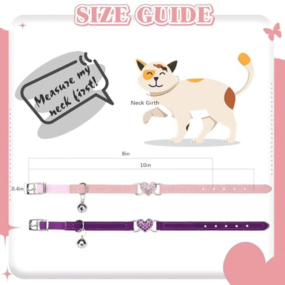BINGPET Diamond Cat Collar with Bell, Adjustable Kitten Collar, Purple&Pink - color: Pink & Purple(Heart), size: Neck Girth 8"-10"