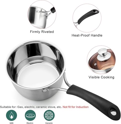 TeamFar Saucepan with Lid, 2 qt Sauce Cooking Pot Milk Pan Stainless Steel | Professional with Long Heatproof Handle for Home Kitchen Restaurant, Healthy & Non Toxic, Multi-use & Dishwasher Safe - size: 2 Quarts