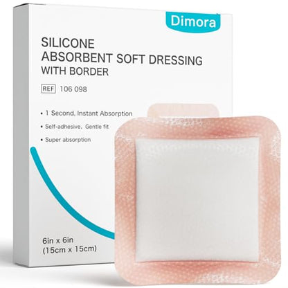 Dimora Silicone Super Absorbent Wound Dressings - Gentle Adhesive Bandages with Ultrasorb Polymer,Heavy Exudate Wound Care Pads 6"X 6" 10 Packs - size: 6"x 6"