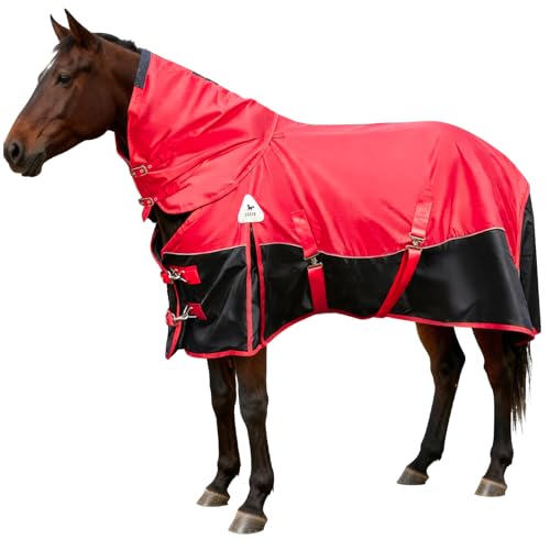 Horse Blankets Winter for Real Horses, 1600D Waterproof Poly Rain Sheets 81 in with Neck Cover Belly Wrap Tail Wrap Turnout Blanket, Stuff Care Medium Large Weight Heavy Outdoor Clothes Red Black - color: Red-Black, size: 81"