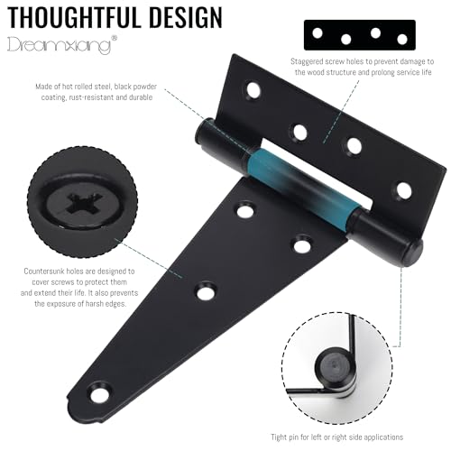 6 Inch T-Strap Gate Hinges, Heavy Duty Shed Barn Door Hinges, Black Tee Hinges for Wooden Fence, Yard Gate, Wrought Hardware Iron Rustproof (2 Pack) - size: 6 Inch