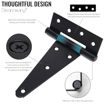 6 Inch T-Strap Gate Hinges, Heavy Duty Shed Barn Door Hinges, Black Tee Hinges for Wooden Fence, Yard Gate, Wrought Hardware Iron Rustproof (2 Pack) - size: 6 Inch
