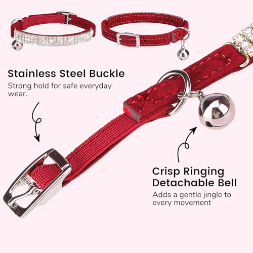 BINGPET Diamond Cat Collar with Bell, Adjustable Soft Velvet Bling Rhinestone Cat Collar, Sparkly Kitten Collar with Safety Elastic & Metal Buckle for Small Medium Cats - color: Red(Rhinestones), size: Neck Girth 8"-10"