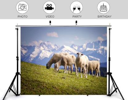 5x4ft Fabric Snow Peak Sheep Meadow Backdrop White Wool Sheep Green Hillside Bright Cloudy Sky Background Tapestry Party Alpine Grassland Decorations Photo Booth Props - size: 5x4ft