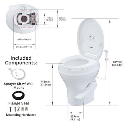 SEAFLO RV Toilet with Sprayer Attachment - White, 18.4” Residential Height, Gravity Flush Foot Pedal Camper Toilet Soft Close Seat Elongated Bowl Motorhome, 4-Year Warranty, SFRTPH-01-02 - color: White-Sprayer