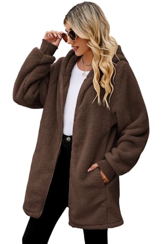 ReachMe Womens Fleece Zip Up Jacket with Pockets Oversized Long Sherpa Hoodie Fuzzy Jackets Warm Teddy Coat - color: 01 Chocolate Brown, size: Small