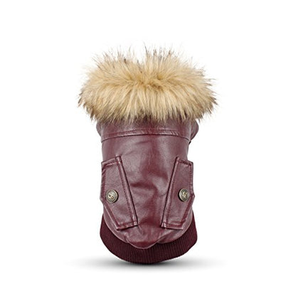 LESYPET Dog Leather Jacket for Small Dogs, Waterproof Dog Winter Jacket Puppy Coat with Fleece Lined, Ultra Warm Fur Collar Doggie Coat, Red M - color: Wine Red, size: Medium