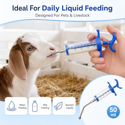 2 Pack 50ml Reusable Drench Syringe with Metal Nozzle for Livestock | Detachable Parts With Easy Cleaning For Daily Farm Animal Care