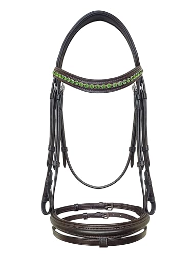 Equine Care English Horse Bridle with Reins, Padded, 6 Browband Styles - color: Havana Brown with Green Crystal
