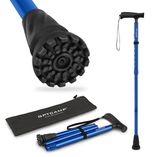 GPTCAMP Folding Walking Cane for Men & Women with T Handle | Adjustable Collapsible Design, Anti-Slip Pivot Tip, Ergonomic Handle, with Travel Bag, for Seniors & Adults - color: -Blue