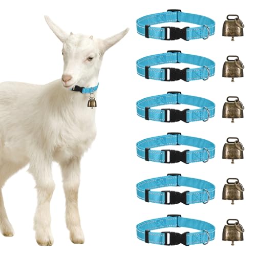 M METERXITY 6-Pack Reflective Goat Collars with Bells, 13.8"-20.5" Polyester Adjustable Pet Collar with Anti-Lost Grazing Copper Bell for Small Farm Animal/Sheep/Cow/Goat [Blue] - color: Blue