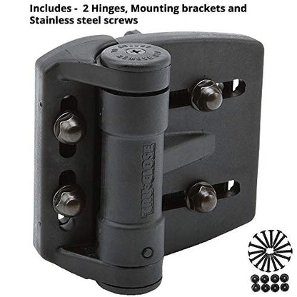 D&D Technologies TCAMA2 Multi-Adjust Regular Duty Gate Hinges, For Self Closing Metal, Wood, Vinyl Gates up to 55 Pounds, 3-Way Adjustable, Gap up to 2", For Square Gate Frame and Post, Black, 2 Count | 3-way adjustable gate hinge, 2" gate gap, self-close
