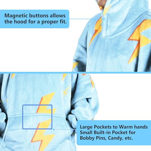 Solaris Thunder Lightning Kids Wearable Blanket Hoodie - Cozy Warm Sherpa Fleece Sweatshirt Pullover with Larger Pocket for Teens, Girls, Boys - color: Thunder Blue