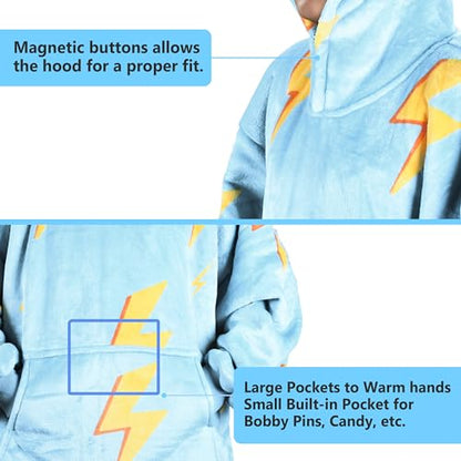 Solaris Thunder Lightning Kids Wearable Blanket Hoodie - Cozy Warm Sherpa Fleece Sweatshirt Pullover with Larger Pocket for Teens, Girls, Boys - color: Thunder Blue