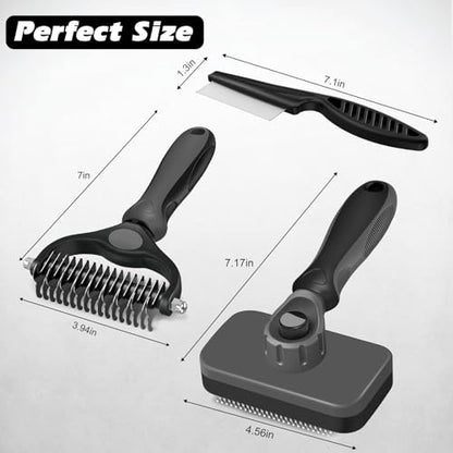 Professional 3PCS Self Cleaning Slicker Brush & Pet Grooming Rake & Flea Comb for Dogs,Cats and Horses | Double-Sided Dematting Comb & Skin Friendly Deshedding Grooming Tool | Pet Supplies (Grey) - color: Grey
