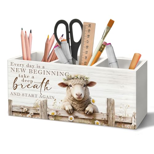 Motivational Sheep Pen Holder Organizer for Desk Accessories, Sheep Gifts for Women, Farmhouse Daisy Floral Lamb Positive Wooden Box Sign Desk Decorations for Home Office Decor - color: Sheep, size: 2.5"D x 7.8"W x 3.5"H