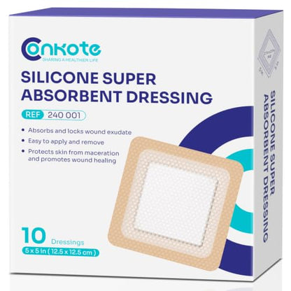 Conkote Silicone Super Absorbent Dressings 5" X 5", High Absorbency 10 Pack - size: 5" x 5" (10 Dressings)
