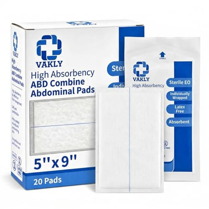 Vakly Sterile Abdominal ABD Combine Pads 5x9, High Absorbency Gauze, 20 Pk | Non-adherent, wound dressing, first aid pads, surgical pads, post op care, trauma pads, individually wrapped, heavy drainage