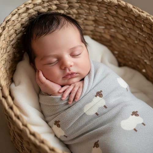 Knit Baby Swaddle Blanket - 100% Cotton Soft Cozy Lightweight Unisex Receiving Swaddling Stroller Quilt Blanket for Shower Gift Registry for Newborns Infants & Toddlers (Sheep - Grey) - color: 06 - Sheep - Grey