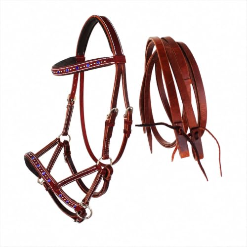 Horse Western Leather Beaded Bitless Sidepull Bridle Reins Rhinestone - color: Mahogany/Royal Blue