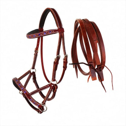 Horse Western Leather Beaded Bitless Sidepull Bridle Reins Rhinestone - color: Mahogany/Royal Blue