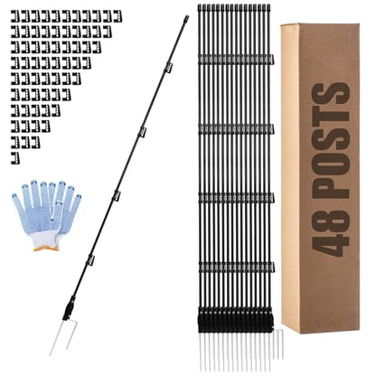 57 Inch / 4.8Ft Fiberglass Electric Fence Posts, 48 Pack with Double Spikes & 192 Clips - Heavy Duty Farm Garden Livestock Fencing | Holds Wire/Tape/Rope - color: Black, size: 57" 48 Posts-192 Clips