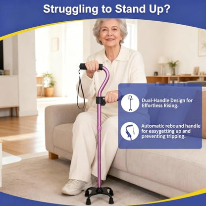 Stand Secure Cane with Stand Up Assist Handle for Elderly, 4 Prong Adjustable Walking Canes for Seniors Women and Men, Non-Slip Wide Base, Aluminum Foldable Stand Cane - color: Light Purple