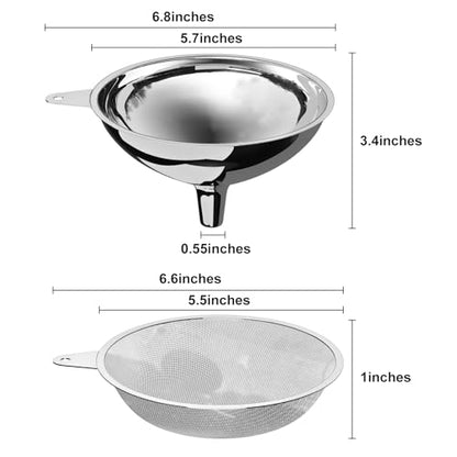 Serinar Stainless Steel Large Funnel with Filter (5.7 in. X 0.55 in. Mouth) and 50 Mesh Stainless Steel Food Filter for Bottle, Oil, Juice, Coffee, Honey, Milk
