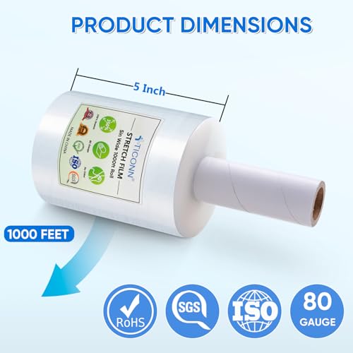TICONN Stretch Wrap Stretch Film Roll, 1000ft Industrial Strength 5 inch Wide Clear Plastic Wrap with Handles for Pallet Wrapping Shipping Moving - style: 5''-1PK