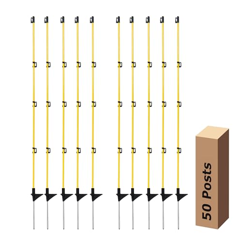 Electric Fence Posts 46 Inches, Fiberglass Step in Temporary Electric Fence Posts for Cows, Sheep, Dog, Portable Fence Stakes for Electric Fencing-50 PCS - size: 46Inch-50Pack