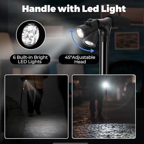 Ohuhu Walking Cane with LED Light, Folding Adjustable Free Standing Cane - style: 1 pack